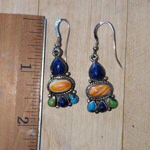 Sterling silver dangling pierced earrings with multi-colored stones